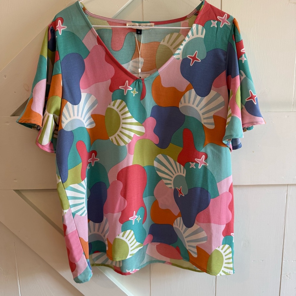 NWT Michele McDowell Colorful Abstract Print Blouse Flutter Sleeve Size M